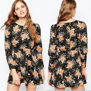 Free People Parker Mini Dress Black/Orange Floral Fit/Flare Sz 4